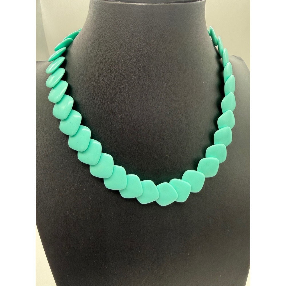 Vintage Teal Blue Diamond Bead Statement Necklace Geometric Resin Choker - Picture 2 of 6